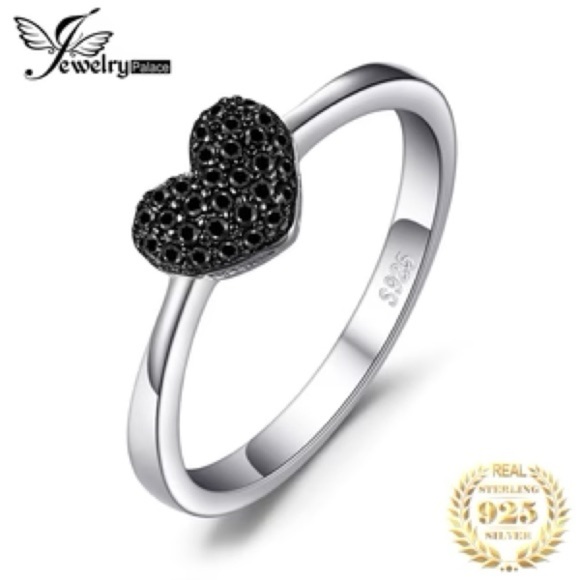 925 Sterling Silver Eternal Love Heart-Shaped Black Spinel Ring Size 5